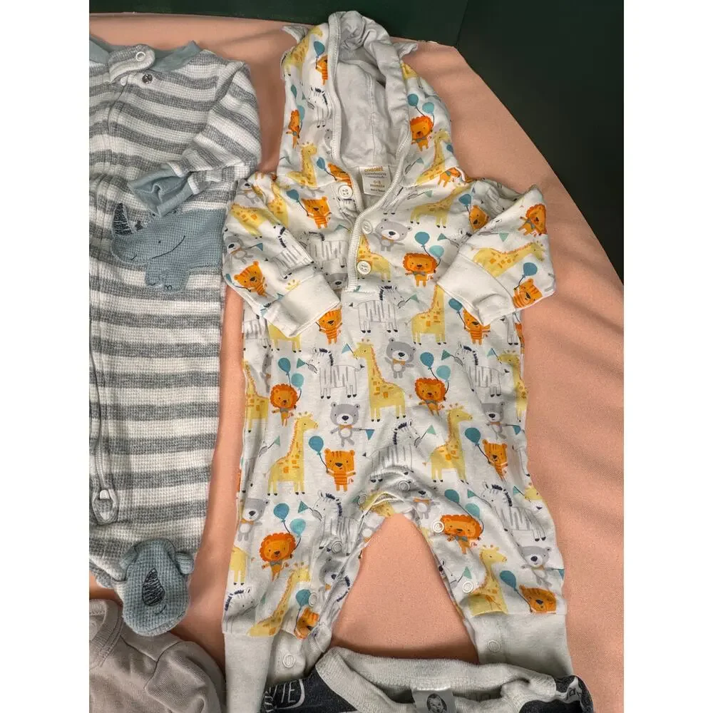 Baby Boy Newborn Sleepers Bundle 7 Pc Footed Pajamas Hooded Romper Lot SKU #950